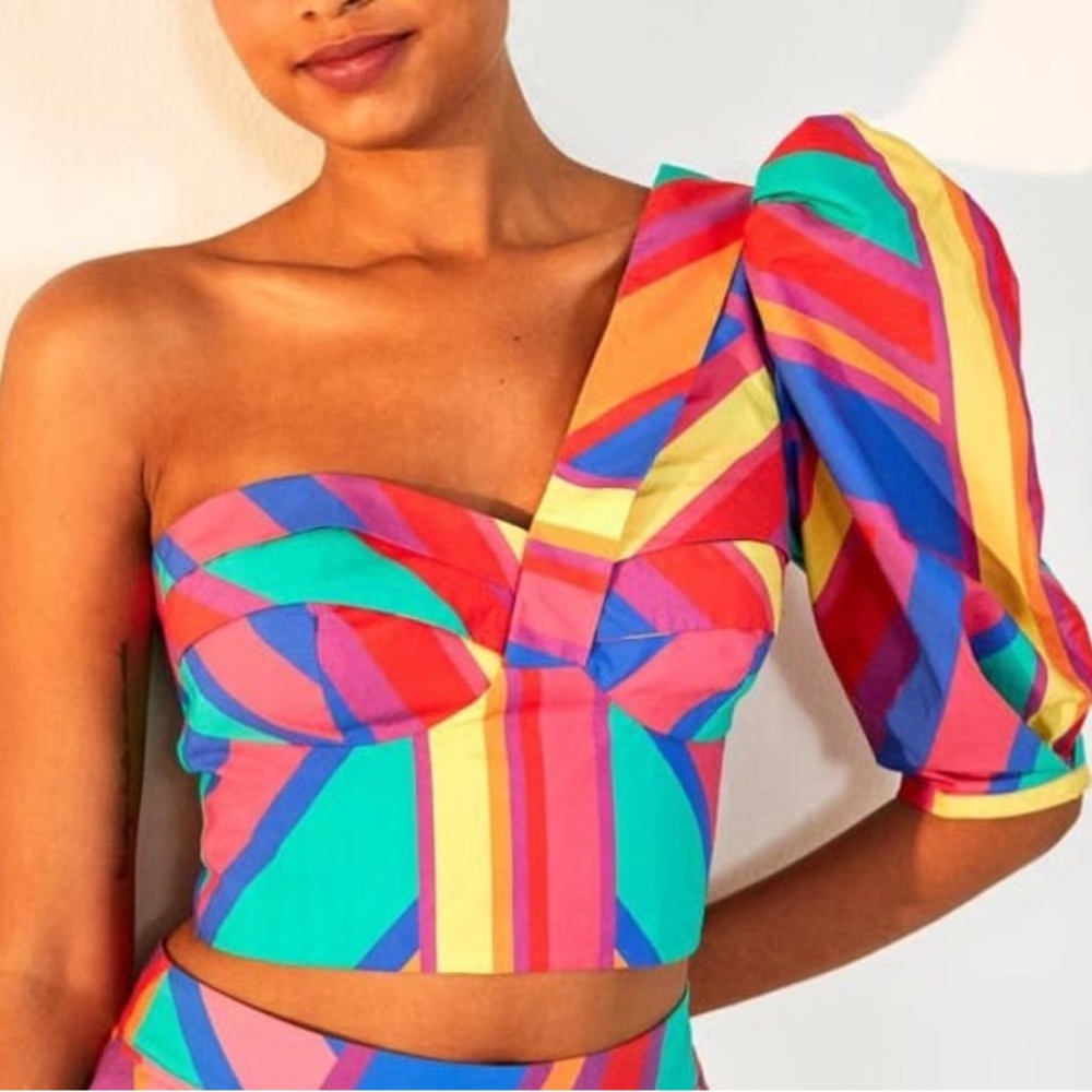 FARM Rio Brunas Stripes One Shoulder Crop Top